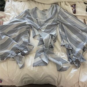 AKIRA White and Blue Tie Front Ruffled Crop Top